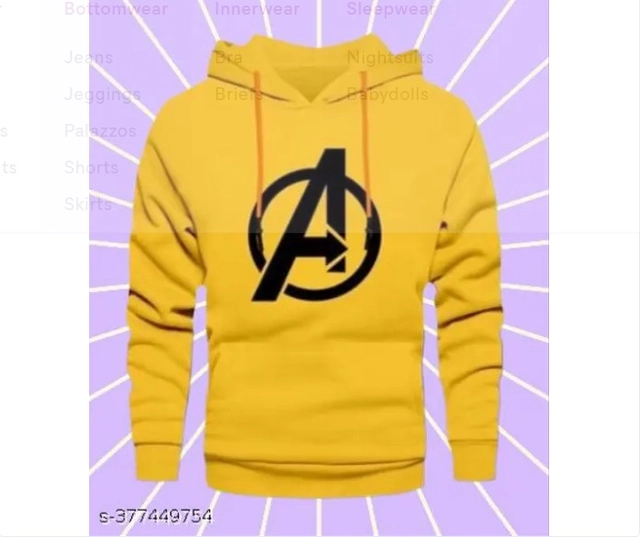 Fleece Printed Hoodie for Men (Mustard, S)