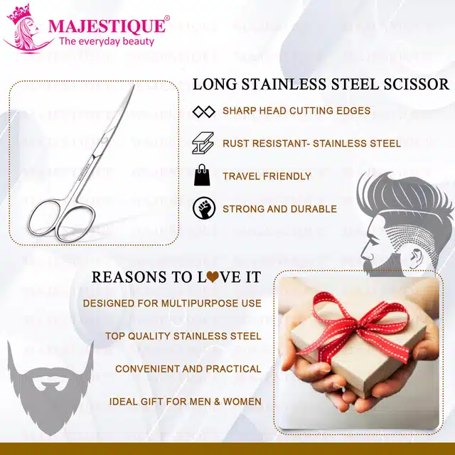 Majestique Stainless Steel Beauty Scissor with straight and Curved Blades for Beard Mustache, Nose Hair, Ear Hair (B-41)