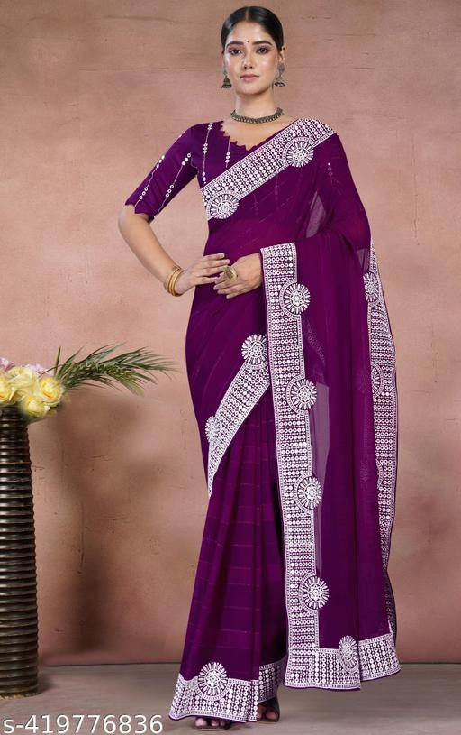 Satin Embroidered Saree for Women (Purple, 6.3 m)