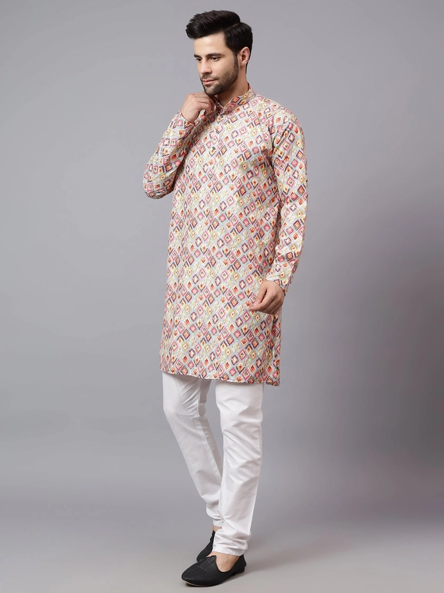 Crochet Printed Kurta with Pyjama for Men (Beige & White, S)