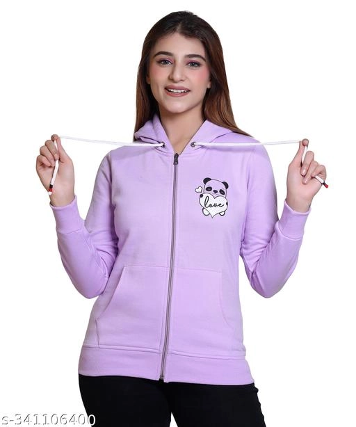 Fleece Printed Hoodie for Women (Lavender, XXL)