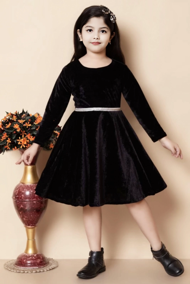 Velvet Solid Dress for Girls (Black, 0-3 Months)