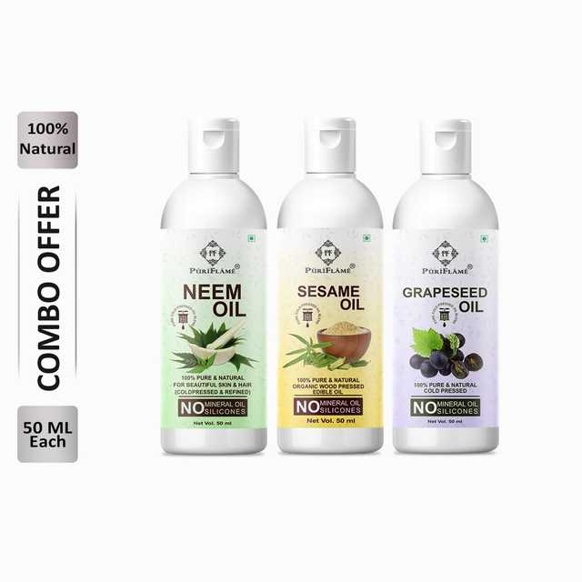 Puriflame Pure Neem Oil (50 ml), Sesame Oil (50 ml) & Grapeseed Oil ( 50 ml) Combo for Rapid Hair Growth (Pack Of 3) (B-12240)
