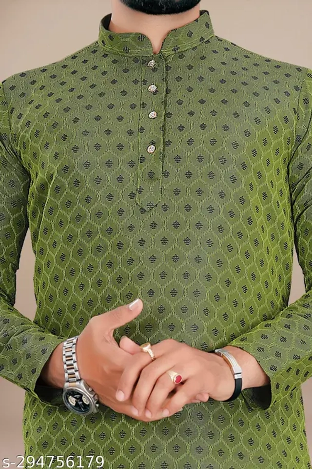 Cotton Blend Printed Kurta with Pyjama for Men (Olive & White, S)