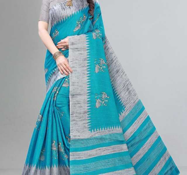 Art Silk Daily Wear Printed Saree (Sky Blue & Grey) (V5)