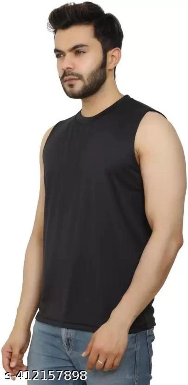 Polyester Gym Vests for Men (Black, S)