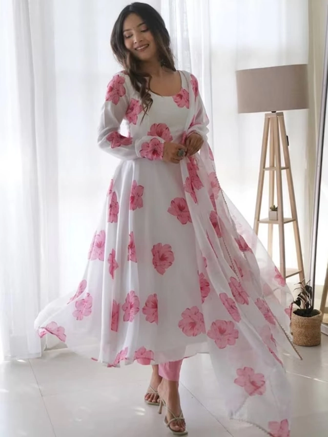 Anarkali Georgette Printed Gown with Dupatta for Women (White & Pink, S)