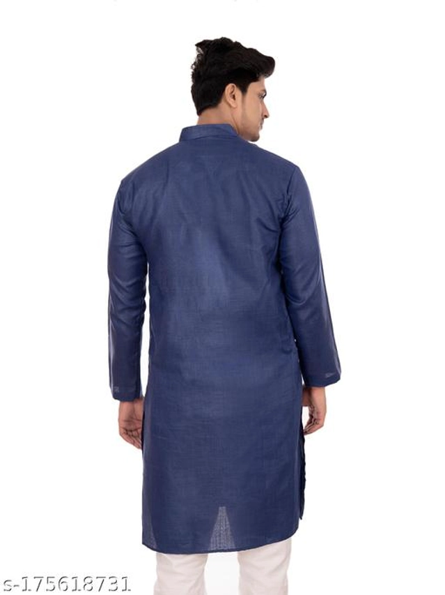 Cotton Blend Kurta for Men (Navy Blue, S)