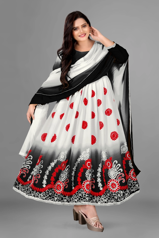 Jute Silk Printed Anarkali Kurti with Dupatta for Women (Black & White, S)