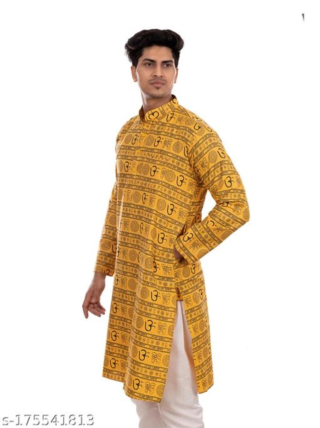 Cotton Blend Kurta for Men (Yellow, S)