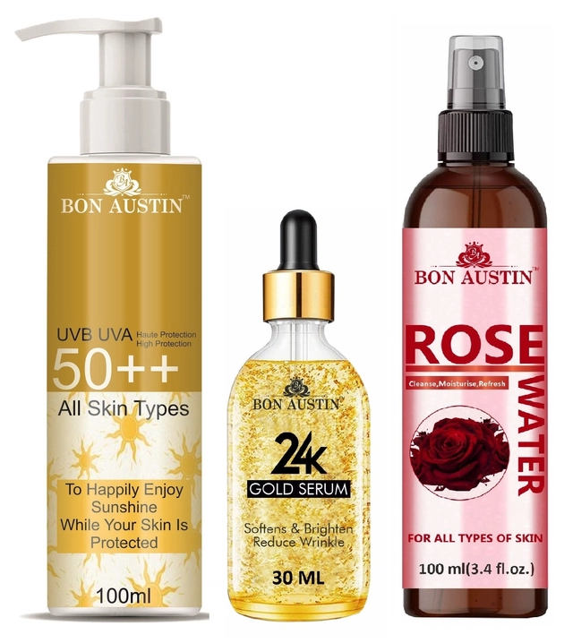 Bon Austin Broad Spectrum SPF Sunscreen Lotion (100 ml) with 24K Gold Serum (30 ml) & Natural Rose Water (100 ml) (Set of 3)