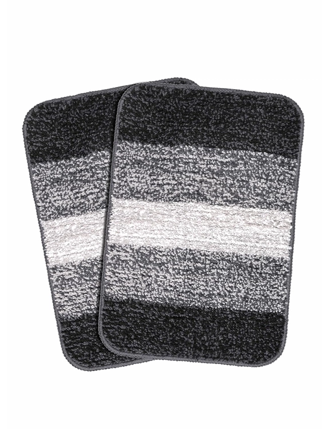 ELEDECOR Microfiber Striped Anti Skid Bathmats (Black, 35X50 Cm, Pack of 2)