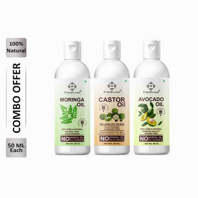 Puriflame Pure Moringa Oil (50 ml), Castor Oil (50 ml) & Avocado Oil (50 ml) Combo for Rapid Hair Growth (Pack Of 3) (B-11741)