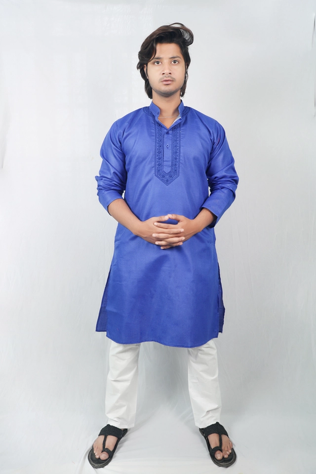 Cotton Full Sleeves Embroidered Kurta Set for Men (Royal Blue & White, M)