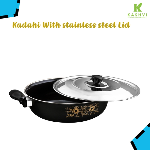 Cast Iron Kadai with Lid (Black & Silver, 28 cm)