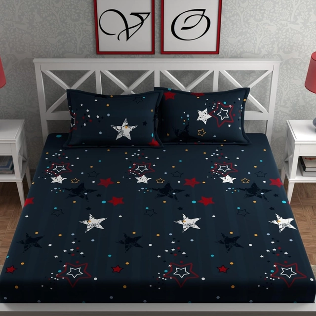 CG Homes 180 TC Fitted Elastic Double Printed Bedsheet With 2 Pillow Cover Cotton (Blue Star)