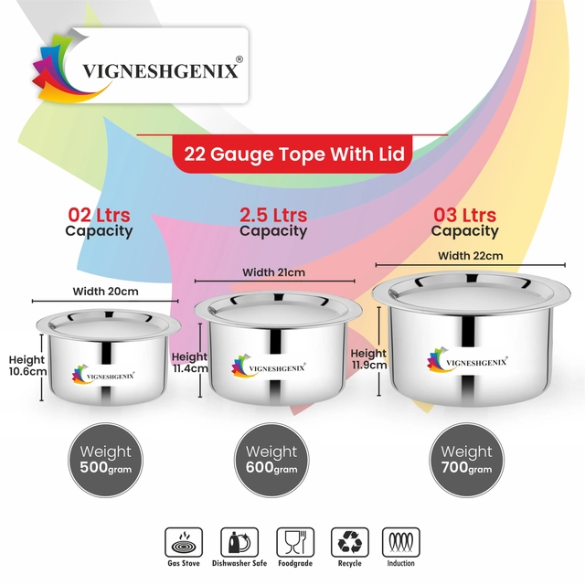 Stainless Steel Plain Tope Set with Lid (Silver, Set of 3)