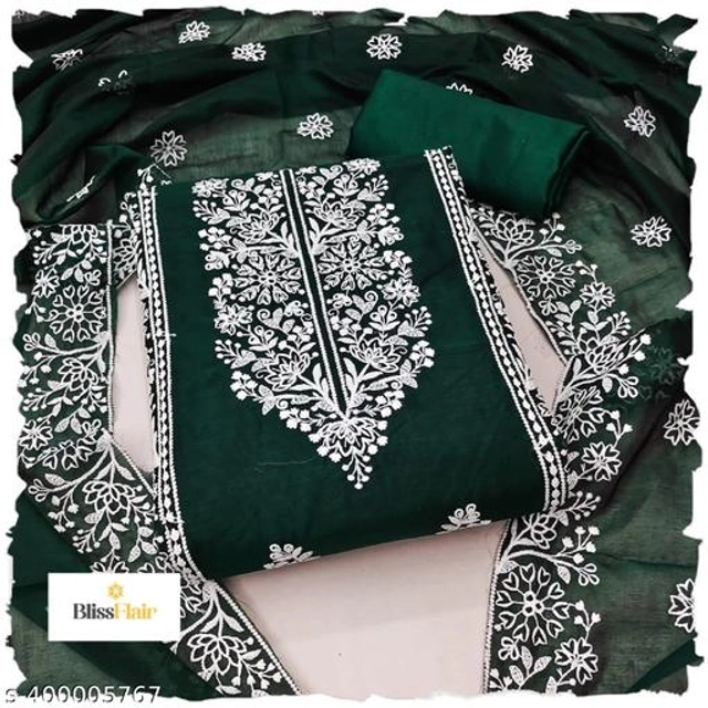 Embroidered Unstitched Suit for Women (Bottle Green & White, 2.25 m)
