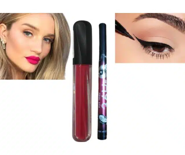 Matte Liquid Gloss with Long Lasting Waterproof Eyeliner (Pink & Black, Pack of 2)