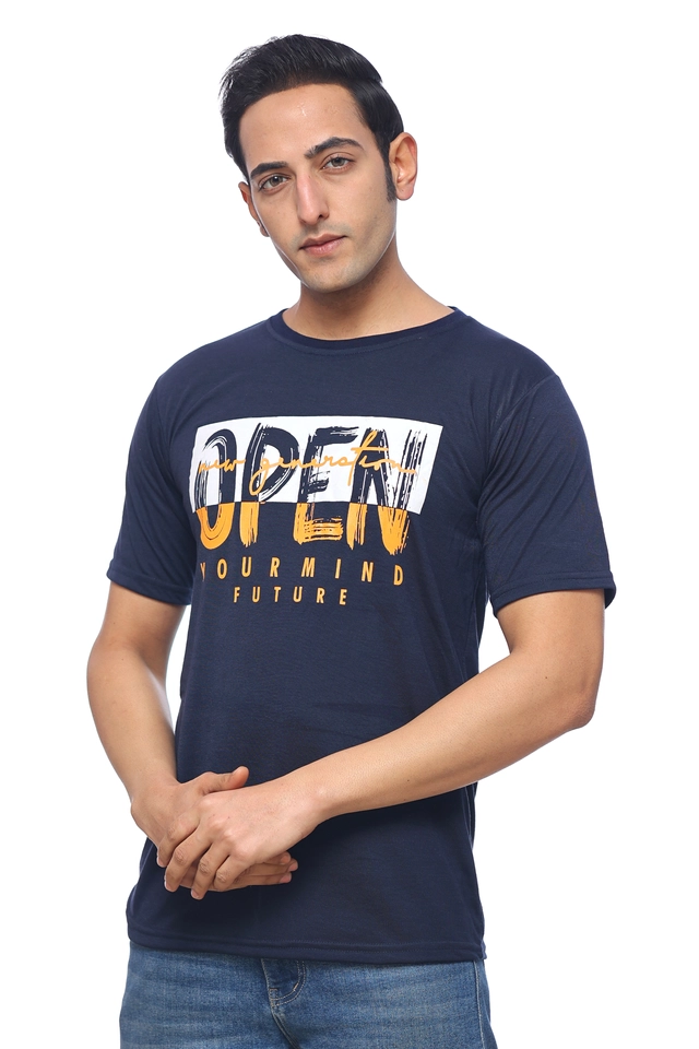 Round Neck Printed T-Shirt for Men (Navy Blue, M)