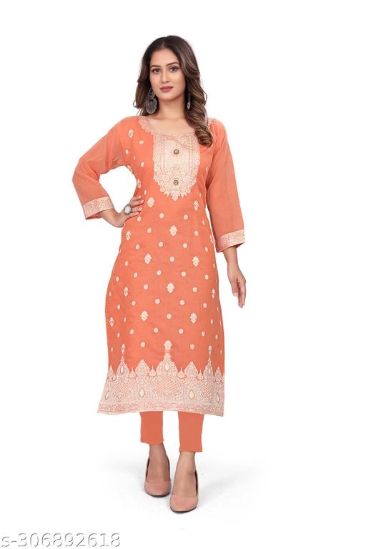 Cotton Embroidered Kurti for Women (Orange, L)