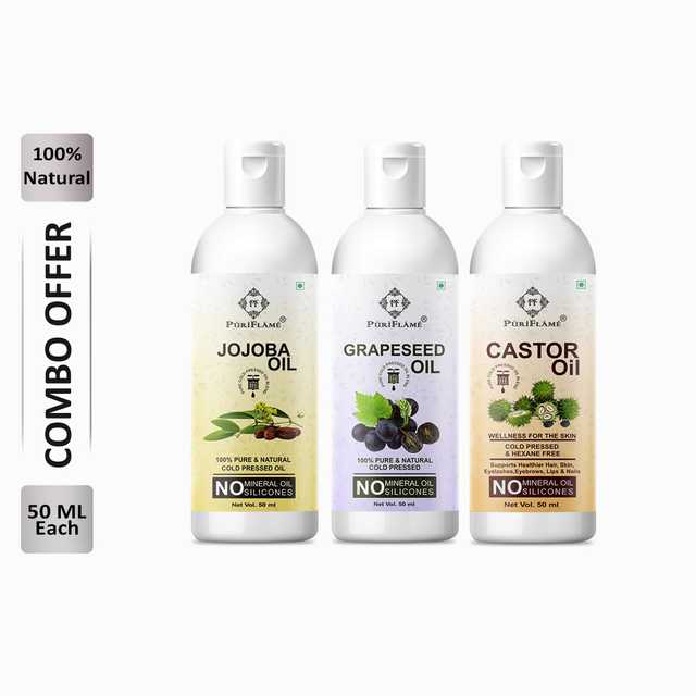 Puriflame Pure Jojoba Oil (50 ml), Grapeseed Oil (50 ml) & Castor Oil (50 ml) Combo for Rapid Hair Growth (Pack Of 3) (B-11489)