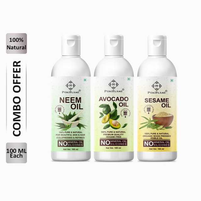 PuriFlame Pure Neem Oil (100 ml) & Avocado Oil (100 ml) & Sesame Oil (100 ml) Combo For Rapid Hair Growth (Pack Of 3) (B-5739)