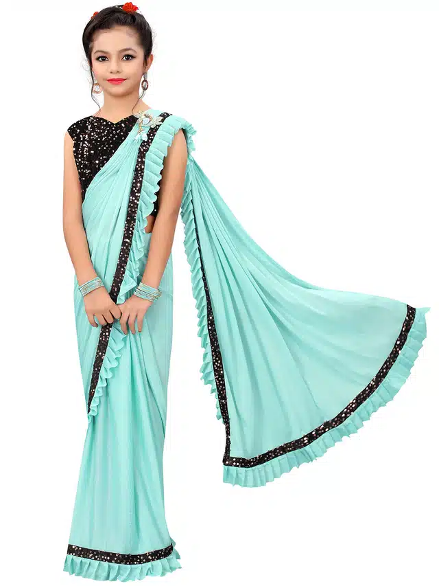 Ready To Wear Saree with Unstitched Blouse for Girls (Turquoise, 10-11 Years)