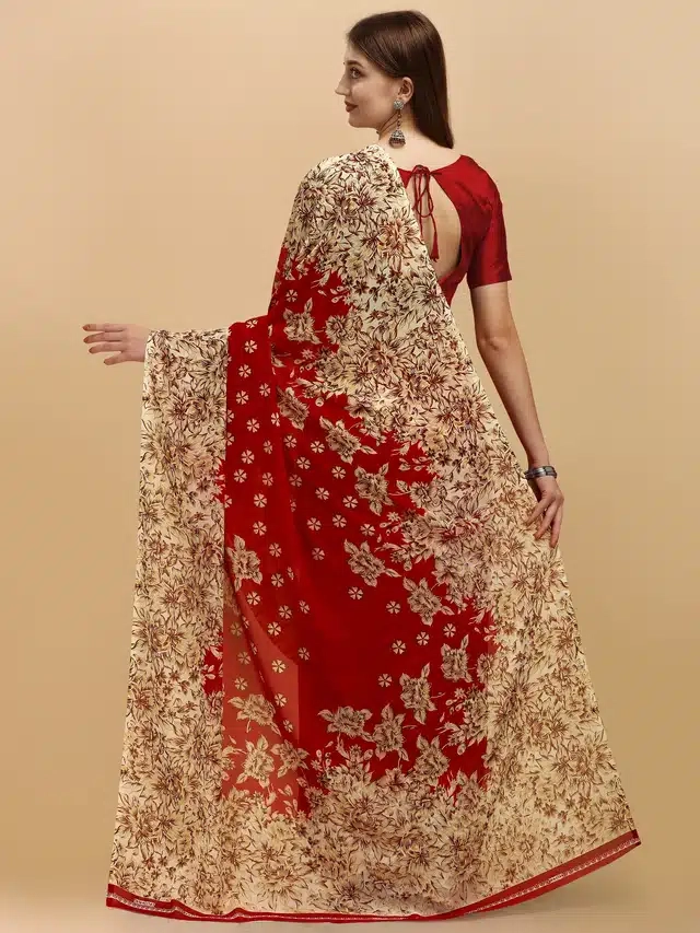 Georgette Printed Saree For Women (Red & Beige, 5.95 M)