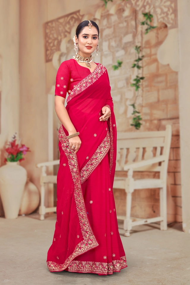 Chiffon Embroidery Saree for Women (Red, 6.3 m)