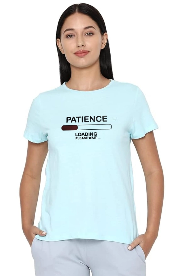 Round Neck Printed T-Shirt for Women (Aqua Blue, S)