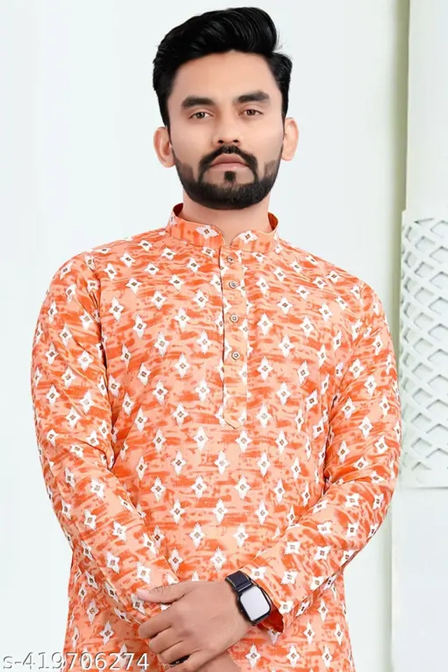 Cotton Blend Printed Kurta with Pyjama for Men (Orange & White, S)