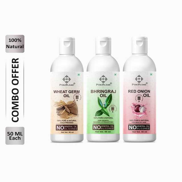 Puriflame Pure Wheat Germ Oil (50 ml), Bhringraj Oil (50 ml) & Red Onion Oil (50 ml) Combo for Rapid Hair Growth (Pack of 3) (B-14167)