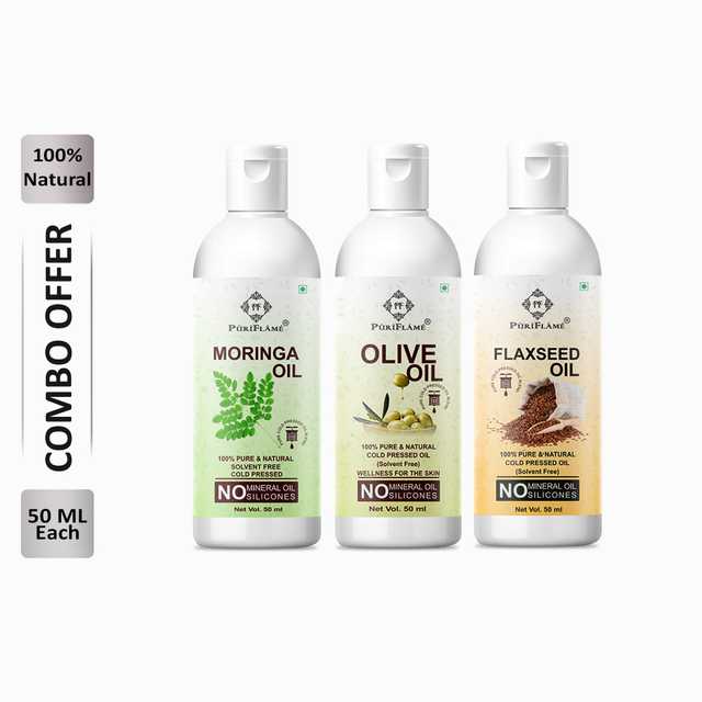 Puriflame Pure Moringa Oil (50 ml), Olive Oil (50 ml) & Flaxseed Oil (50 ml) Combo for Rapid Hair Growth (Pack Of 3) (B-11865)