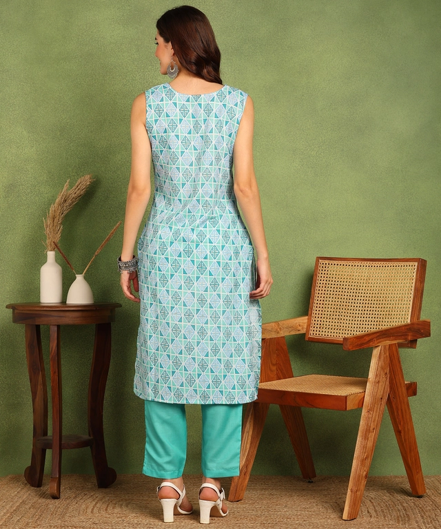 Cotton Blend Printed Kurti with Pant for Women (Sky Blue, S)