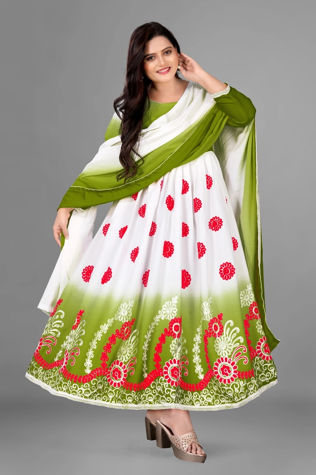 Jute Silk Printed Anarkali Kurti with Dupatta for Women (Olive & White, S)