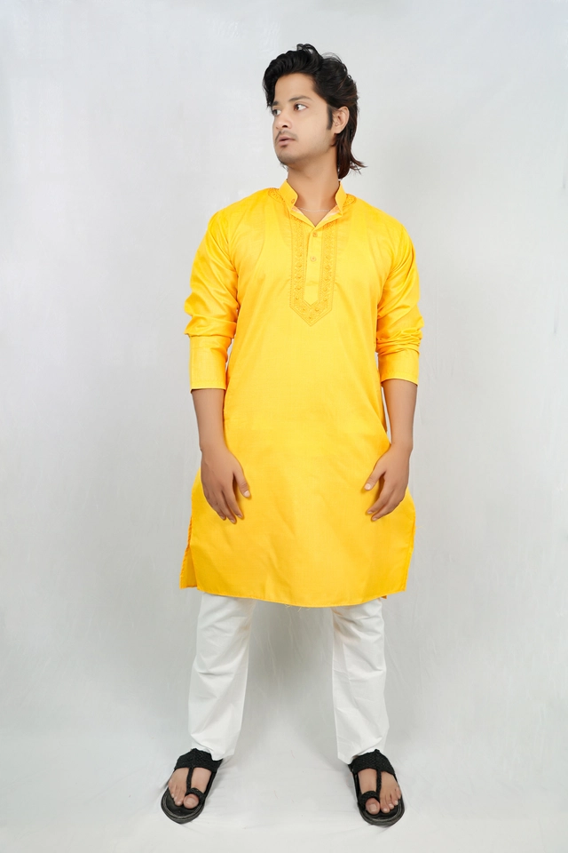 Cotton Full Sleeves Embroidered Kurta Set for Men (Yellow & White, M)