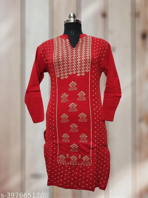 Woolen Printed Kurti for Women (Red, Free Size)