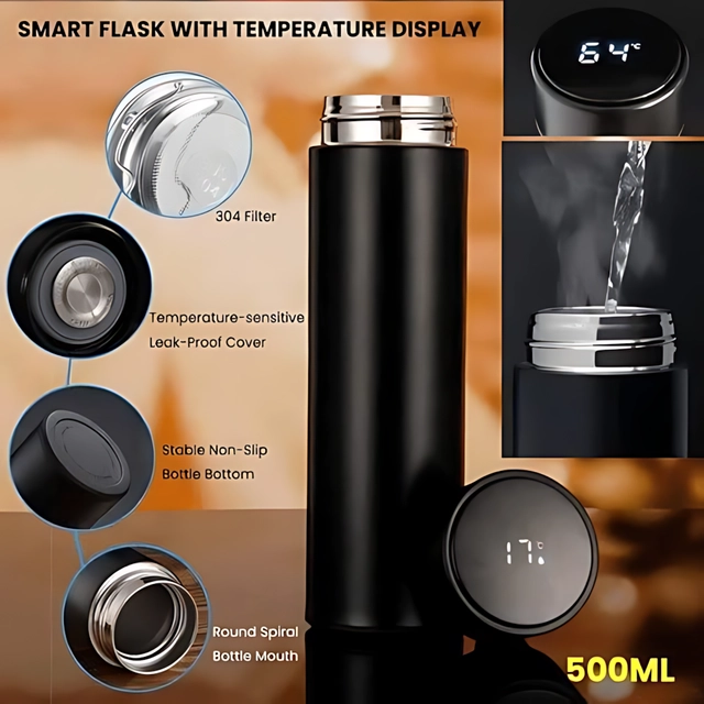 Stainless Steel Smart LED Temperature Display Flask (Black, 500 ml)