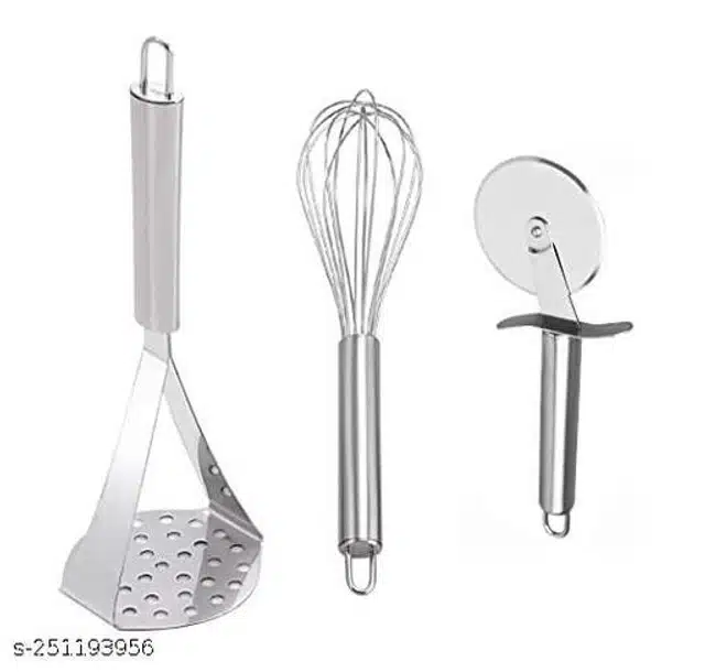 Stainless Steel Masher with Egg Beater & Pizza Cutter (Silver, Set of 3)