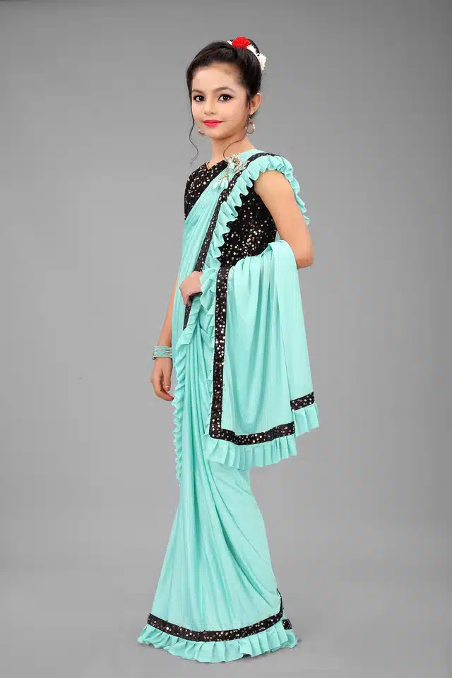 Ready to Wear Saree with Unstitched Blouse for Kids (Blue, 6-7 Years)
