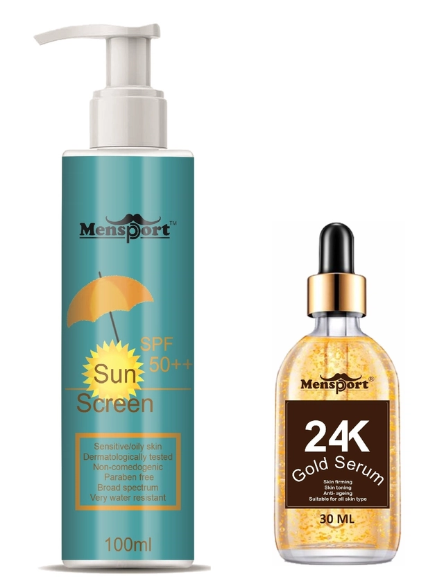 Mensport Broad Spectrum SPF Sunscreen Lotion (100 ml) with 24K Gold Face Serum (30 ml) (Set of 2)