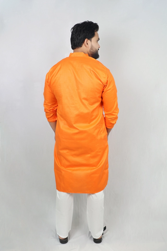 Cotton Full Sleeves Embroidered Kurta Set for Men (Orange & White, M)