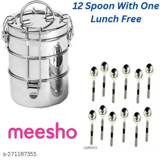 Stainless Steel 3 Layer Lunch Box with 12 Pcs Spoons (Silver, Set of 2)