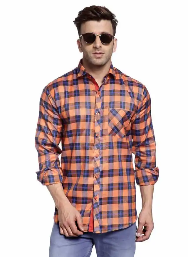 हैंगअप मेंस कैज़ुअल चैकेरड कॉटन स्लिम शर्ट (फुल स्लीव), Orange, साइज- 44 (510_Check_Shirt_44)
