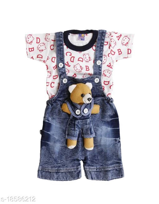 Denim Dungarees for Kids (Red & Blue, 0-6 Months)