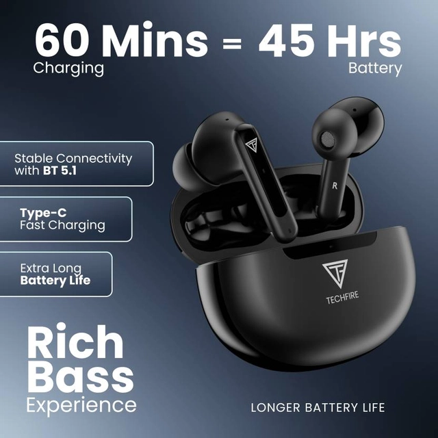 TECHFIRE Bullets 360 TWS Earbuds with 100 HRS Playtime,(50ms Low Latency), Bluetooth v5.3 Bluetooth (Carbon Black, True Wireless)