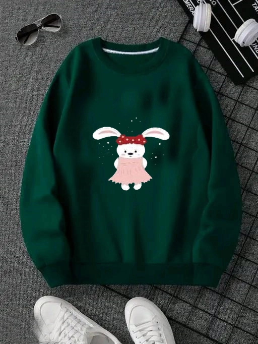 Fleece Printed Full Sleeves Sweatshirt for Women & Girls (Bottle Green, S)