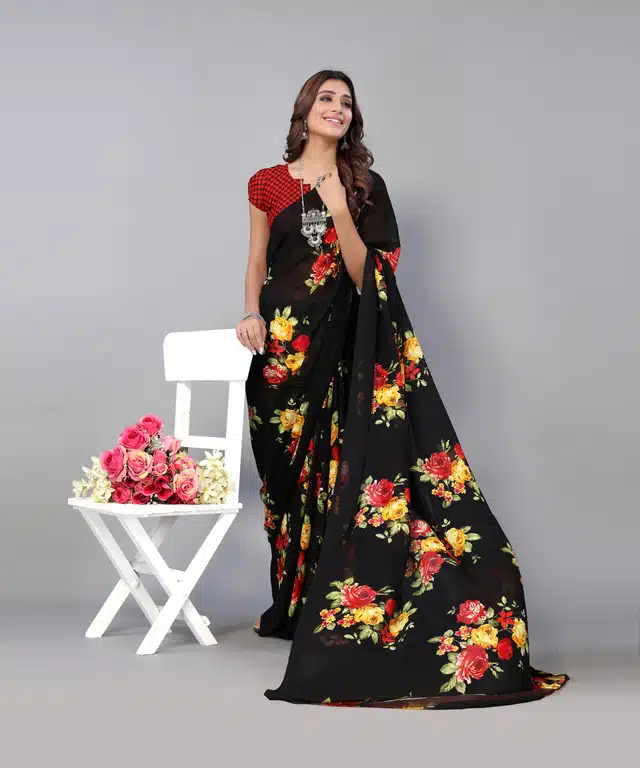 Women's Designer Georgette Floral Printed Saree with Blouse Piece (Black) (S-3)