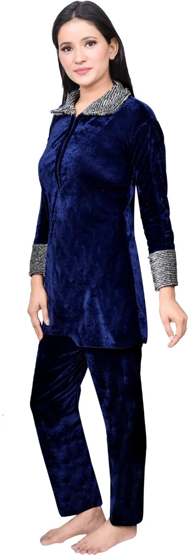 Velvet Solid Nightsuit for Women (Navy Blue, M)